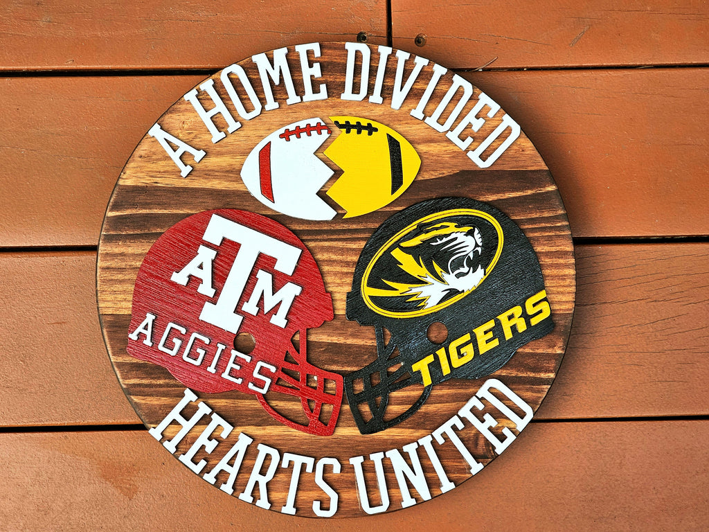 Football Home Divided Hearts United Wood Round Sign. Football Fan Sign. Laser cut NCAA football sign. Gift for him