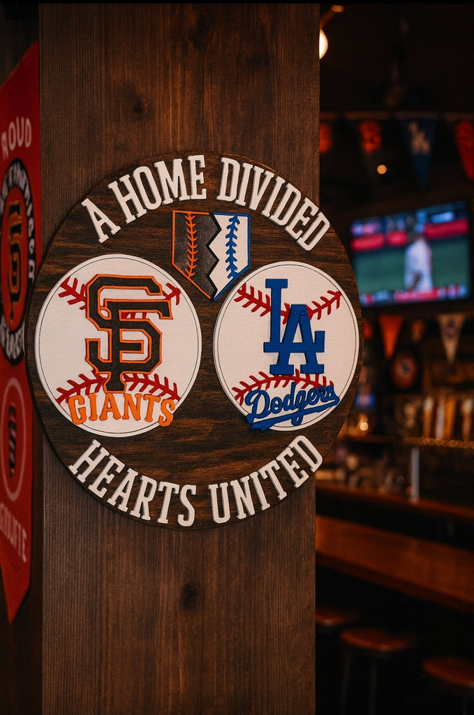 Wooden plaque with SF Giants and LA Dodgers logo on a layered Baseball. Laser cut wood sign with custom Baseball teams