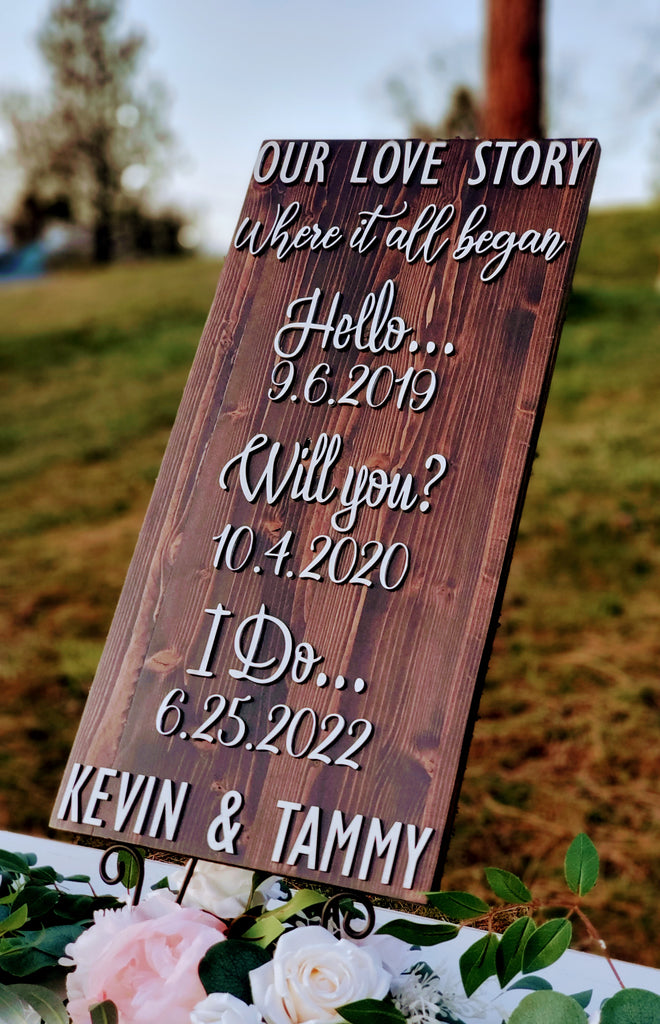 Custom "Our Love Story" Wood Sign made with 3D wood including dates and names