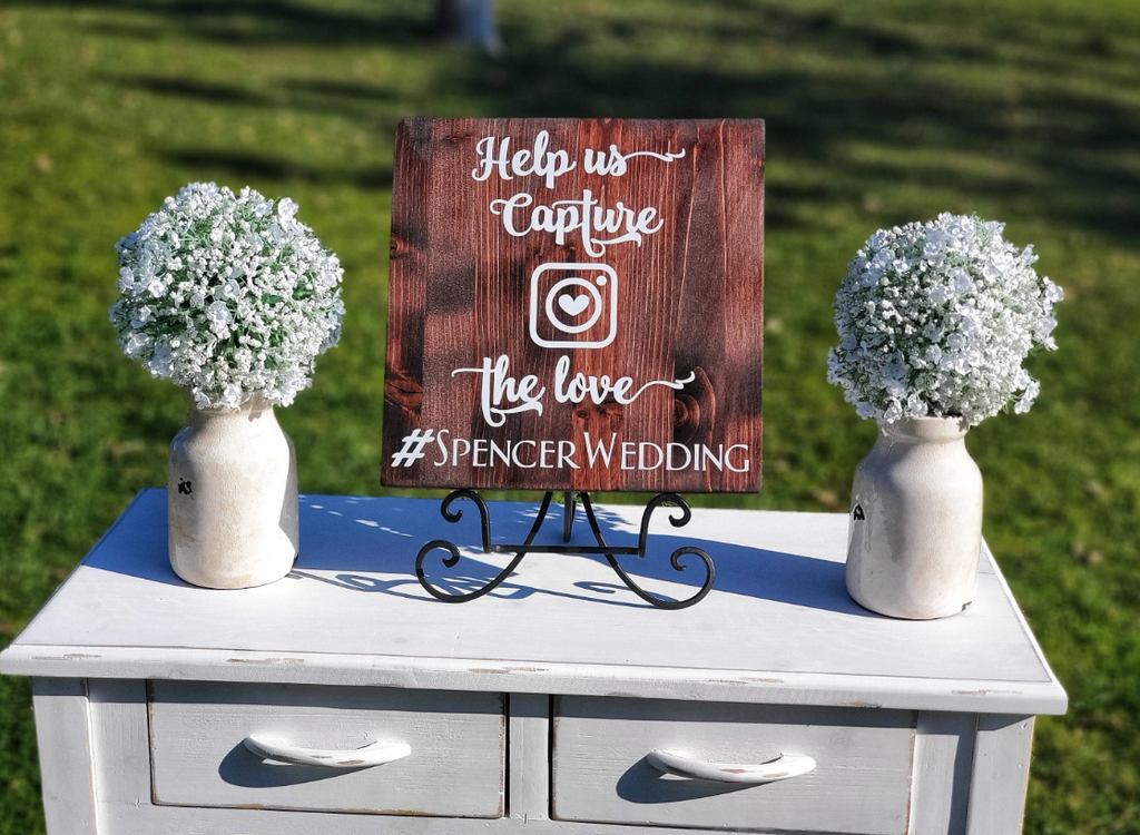 Help us capture the love, Instagram logo with personalized wedding hashtag