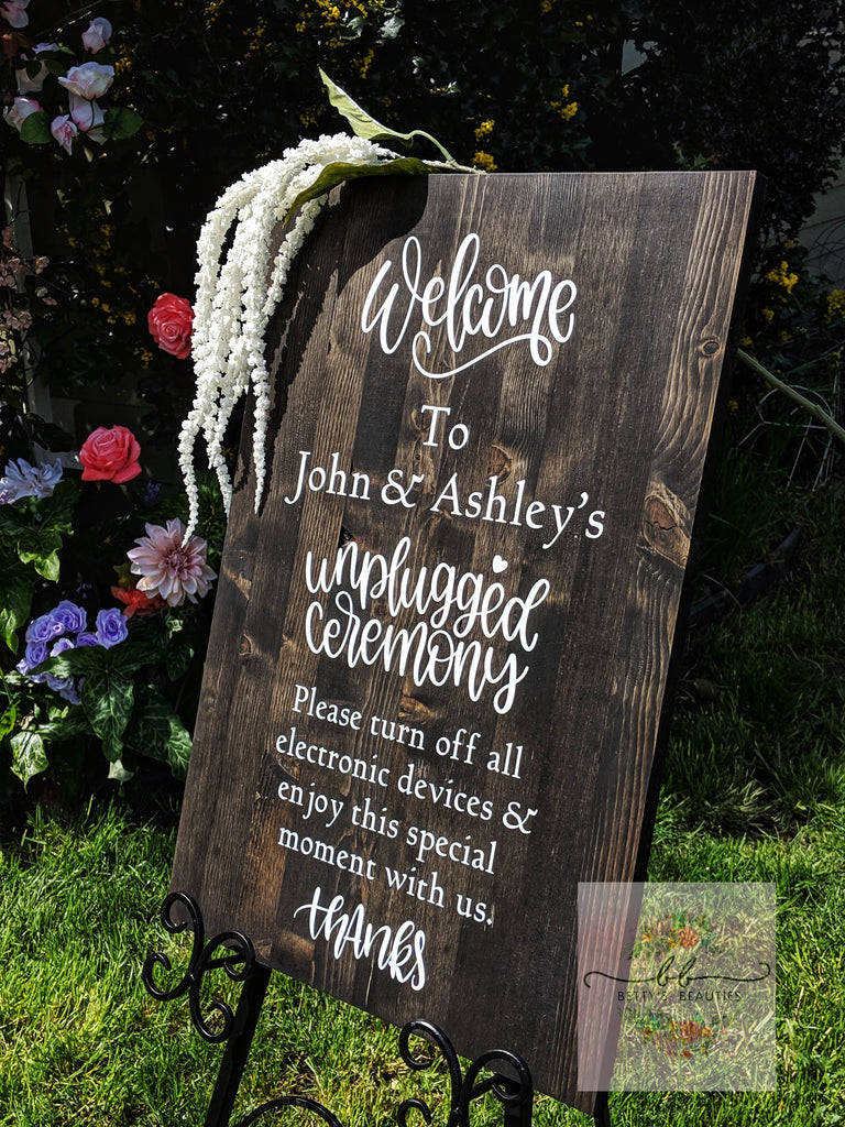 Natural Wood Wedding Ceremony Unplugged Sign, includes personalized bride and groom's names