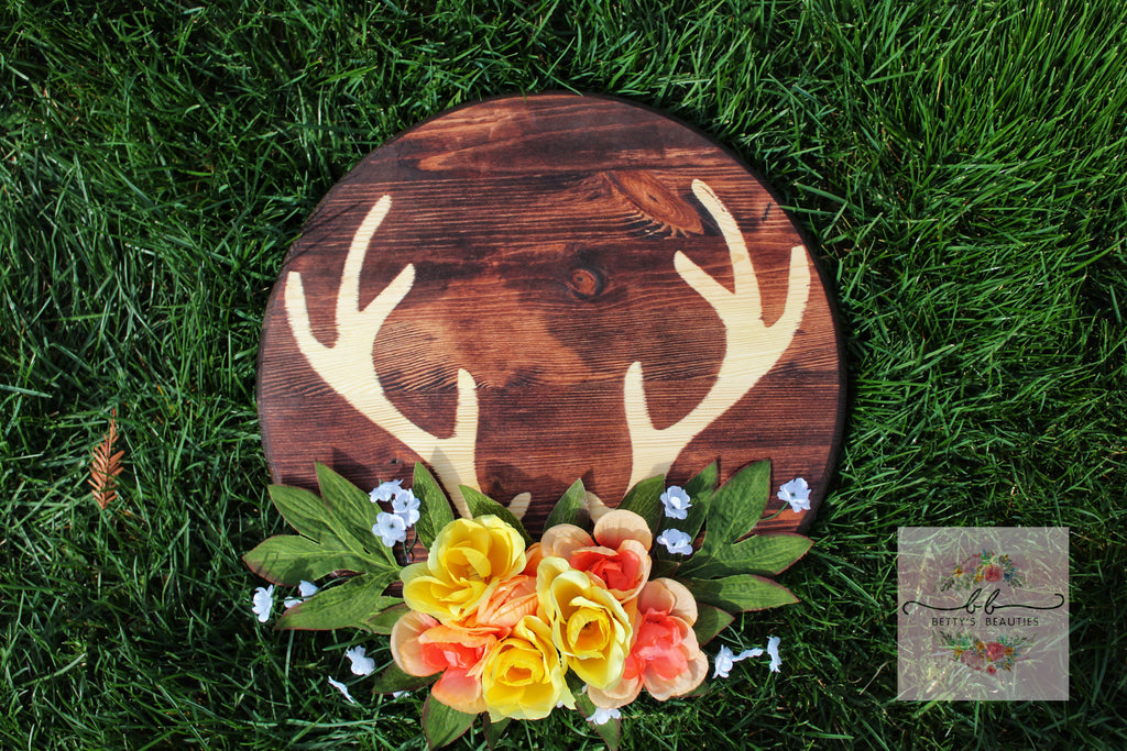 Wood Antler and Floral Hanging Sign